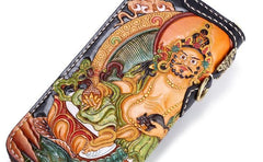 Handmade Leather Tooled Yellow Jambhala Mens Chain Biker Wallet Cool Leather Wallet Zipper Long Phone Wallets for Men