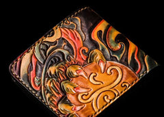 Handmade Leather Chinese Lion Tooled Mens billfold Wallet Cool Leather Wallet Slim Wallet for Men - imessengerbags