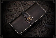 Handmade Leather Men Tooled Chinese Lion Cool Leather Wallet Long Phone Wallets for Men - imessengerbags