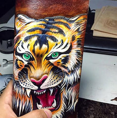 Handmade Leather Tiger Tooled Mens Chain Biker Wallet Cool Leather Wallet Long Phone Wallets for Men
