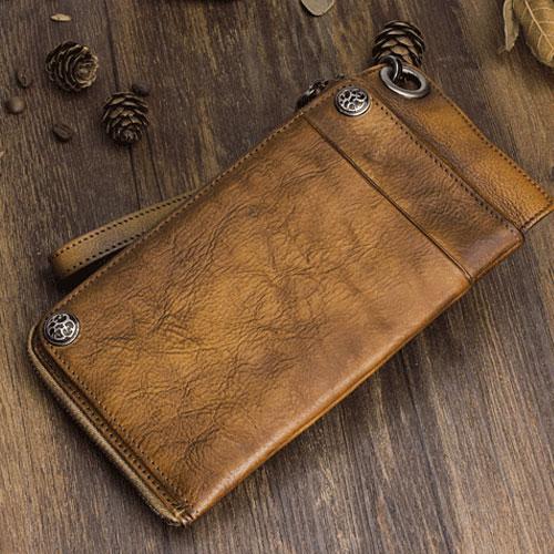 Handmade Mens Cool Long Leather Chain Wallet Cards Biker Trucker Wristlet Wallet