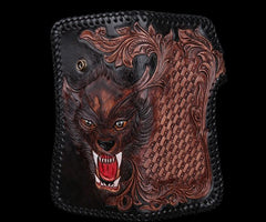 Handmade Leather Wolf Mens Chain Biker Wallet Cool Leather Wallet Long Phone Wallets for Men - imessengerbags