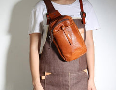 Genuine Leather Mens Cool Chest Bag Sling Bag Crossbody Bag Travel Bag Hiking Bag for men