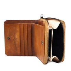 Genuine Leather Mens Cool Zipper Leather Wallet Men Small Wallets Bifold for Men - imessengerbags
