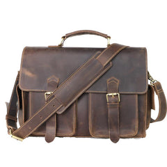 Vintage Dark Brown Leather Mens 14 inches Briefcase Work Shoulder Briefcase Handbags For Men