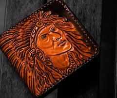 Handmade Leather Indian Chief Tooled Mens billfold Wallet Cool Leather Wallet Slim Wallet for Men - imessengerbags