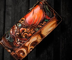 Handmade Leather Tooled Chinese Lion Mens Chain Biker Wallet Cool Leather Wallet Long Phone Wallets for Men - imessengerbags