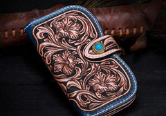 Handmade Leather Tooled Floral Mens Clutch Wallet Cool Wallet Long Wallets for Men Women - imessengerbags