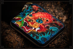 Handmade Leather Chinese Lion Tooled Mens billfold Wallet Cool Chain Wallet Biker Wallet for Men - imessengerbags