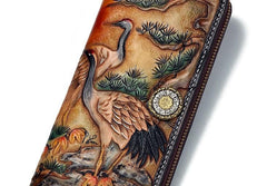 Handmade Leather Mens Clutch Wallet Cool Red-Crowned Crane Tooled Wallet Long Zipper Wallets for Men - imessengerbags