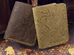 Handmade Leather Floral Mens Cool Slim Leather Wallet Men billfold Wallets Bifold for Men - imessengerbags