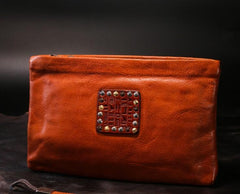 Handmade Leather Mens Clutch Cool Slim Wallet Zipper Clutch Wristlet Wallet for Men