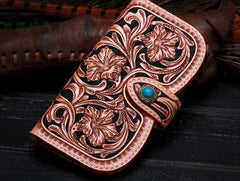 Handmade Leather Tooled Floral Mens Clutch Wallet Cool Wallet Long Wallets for Men Women - imessengerbags