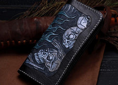 Handmade Leather Skull Tooled Mens Chain Biker Wallet Cool Leather Wallet With Chain Wallets for Men