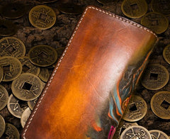 Handmade Leather Tooled Golden Toad Mens Chain Biker Wallet Cool Leather Wallet Long Phone Wallets for Men