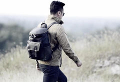 Genuine Leather Mens Cool Backpack Sling Bag Large Black Travel Bag Hiking Bag for men