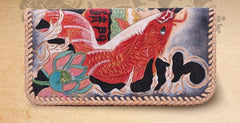 Handmade Leather Mens Clutch Wallet Cool Carp Tooled Wallet Long Zipper Wallets for Men - imessengerbags