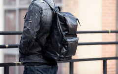 Genuine Leather Mens Cool Backpack Sling Bag Large Black Travel Bag Hiking Bag for men