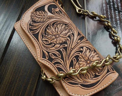Handmade Leather Biker Wallet Tooled Floral Mens Cool Chain Wallet Trucker Wallet with Chain