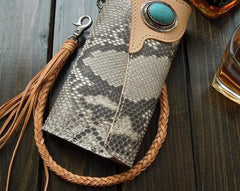Handmade Leather Biker Wallet Mens Cool Chain Trifold Wallet Trucker Wallet with Chain