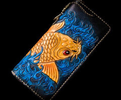 Handmade Leather Men Tooled Carp Cool Leather Wallet Long Phone Wallets for Men - imessengerbags