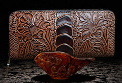 Handmade Leather Floral Mens Cool Zipper Phone Travel Long Wallet Card Holder Card Slim Clutch Wallets for Men - imessengerbags