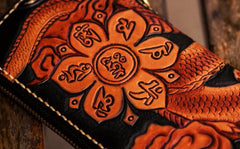 Handmade Leather Tooled Chinese Dragon Mens Chain Biker Wallet Cool Leather Wallet Zipper Long Phone Wallets for Men - imessengerbags