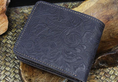 Handmade Leather Floral Mens Cool Slim Leather Wallet Men billfold Wallets Bifold for Men - imessengerbags