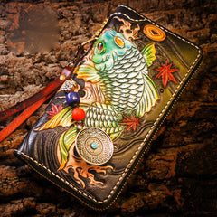 Handmade Leather Carp Mens Chain Biker Wallet Cool Leather Wallet Long Clutch Wallets for Men - imessengerbags