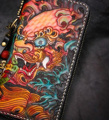 Handmade Leather Tooled Chinese Lion Mens Chain Biker Wallet Cool Leather Wallet Long Phone Wallets for Men
