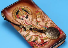 Handmade Leather Mens Clutch Wallet Cool Ganesha Tooled Wallet Long Zipper Wallets for Men - imessengerbags