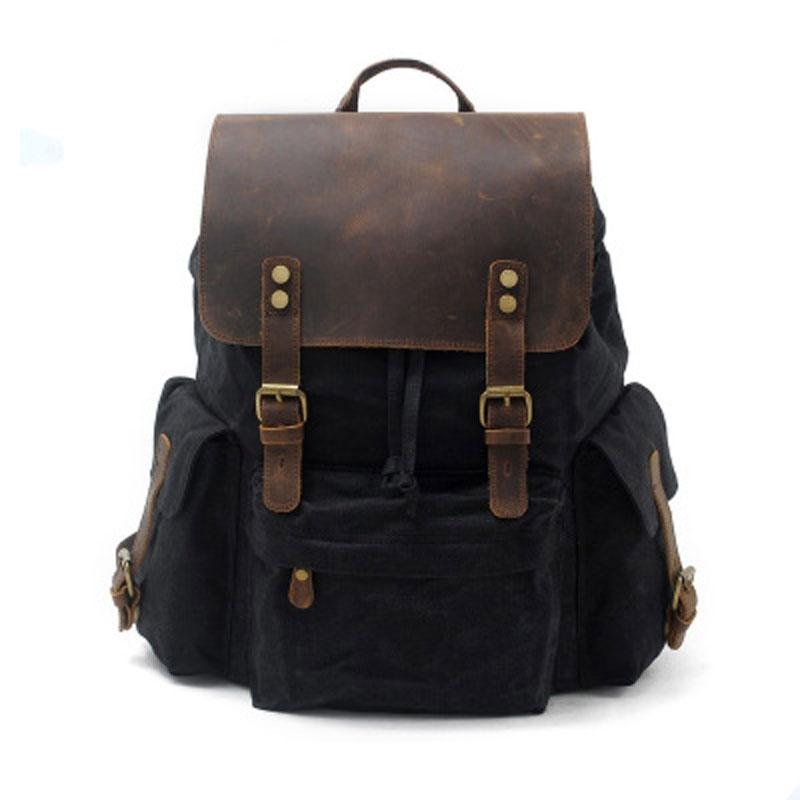 Black Waxed Canvas School Backpack Waxed Canvas College Backpack Waxed Canvas Travel Backpack 
