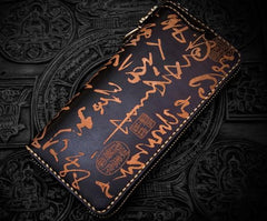 Handmade Leather Mens Chain Chinese Handwriting Biker Wallet Cool Leather Wallet Long Phone Wallets for Men - imessengerbags