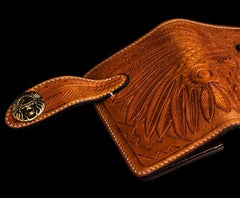 Handmade Leather Skull Indian Chief Tooled Mens billfold Wallet Cool Chain Wallet Biker Wallet for Men
