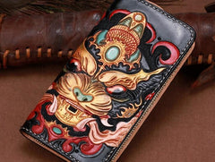 Handmade Leather Tooled Monster Mens Chain Biker Wallet Cool Leather Wallet Zipper Long Phone Wallets for Men