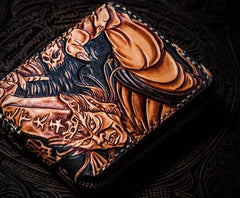 Handmade Leather Chinese Black&White Tooled Mens billfold Wallet Cool Leather Wallet Slim Wallet for Men - imessengerbags