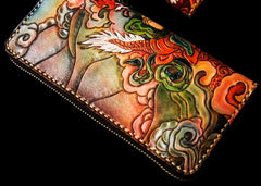Handmade Leather Tooled White Jambhala Mens Chain Biker Wallet Cool Leather Wallet Zipper Long Phone Wallets for Men