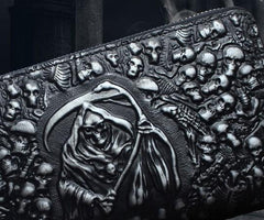 Handmade Leather Mens Tooled Skull Death Cool Zipper Phone Travel Long Wallet Card Holder Card Slim Clutch Wallets for Men - imessengerbags