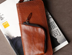 Genuine Leather Mens Cool Long Leather Wallet Cards Phone Zipper Clutch Wristlet Wallet for Men - imessengerbags