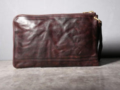 Handmade Genuine Leather Mens Clutch Cool Slim Wallet Zipper Clutch Wristlet Wallet for Men