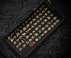 Handmade Leather Mens Chain Chinese Handwriting Biker Wallet Cool Leather Wallet Long Phone Wallets for Men