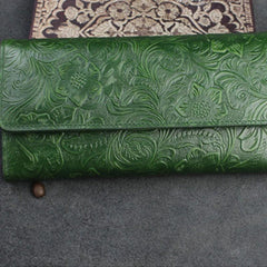 Handmade Leather Floral Mens Cool Travel Long Wallet Card Holder Card Trifold Clutch Wallets for Men - imessengerbags