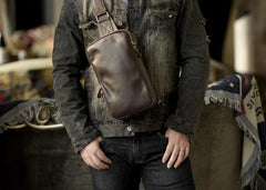 Handmade Leather Mens Cool Chest Bag Sling Bag Crossbody Bag Travel Bag Hiking Bag for men