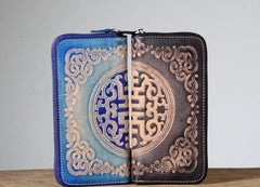 Handmade Genuine Leather Mens Cool Tooled Long Leather Wallet Bifold Clutch Wallet for Men - imessengerbags