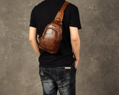 Genuine Leather Mens Cool Chest Bag Sling Bag Crossbody Bag Travel Bag Hiking Bag for men