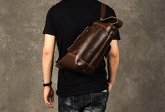 Genuine Leather Mens Cool Chest Bag Sling Bag Crossbody Bag Travel Bag Hiking Bag for men