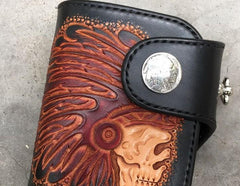 Handmade Leather Tooled Skull Indian Chief Biker Wallet Mens Cool Short Chain Wallet Trucker Wallet with Chain