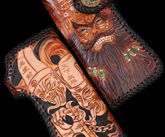 Handmade Mens Cool Tooled Zhong Kui demon Leather Chain Wallet Biker Trucker Wallet with Chain