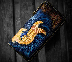 Handmade Leather Men Tooled Carp Cool Leather Wallet Long Phone Wallets for Men - imessengerbags