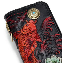 Handmade Leather Tooled Carp Prajna Mens Chain Biker Wallet Cool Leather Wallet Zipper Long Phone Wallets for Men - imessengerbags